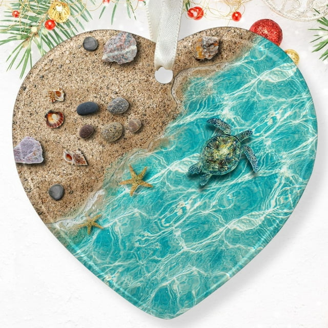 Sea Turtle Christmas Tree Ornament - Beach Themed Ceramic Turtle Ornaments for Christmas