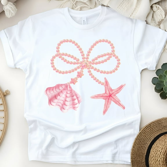 Pearl Bow Seashell T-Shirt for Women, Cute Starfish and Ocean Charm Graphic Tee, White, Size S