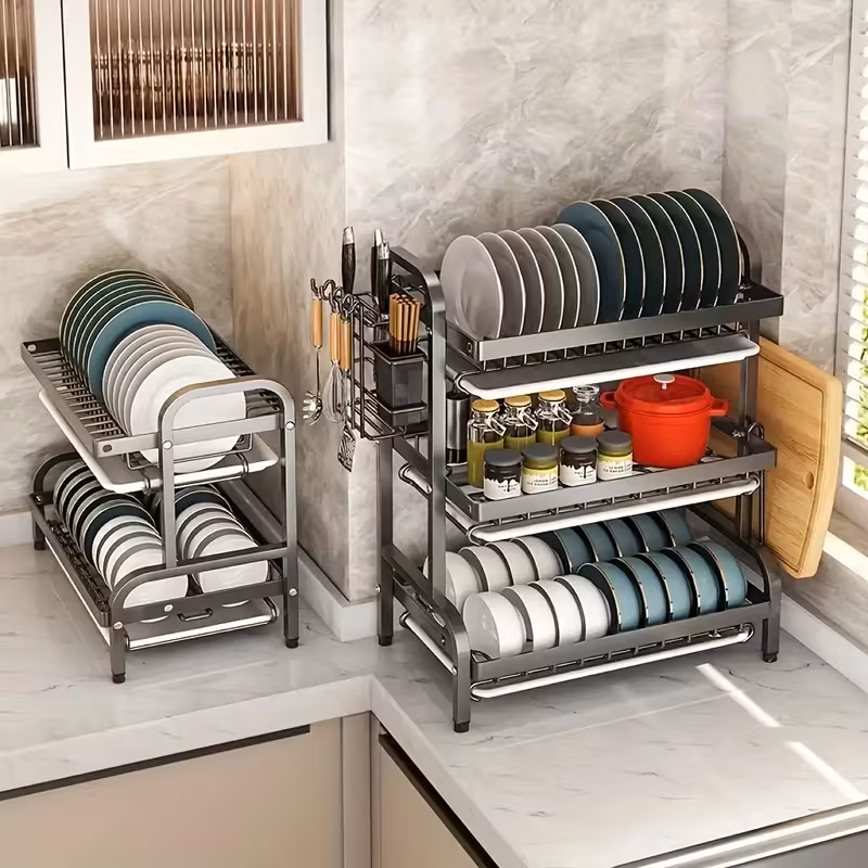 thumbnail image 2 of Two/Three-Tier Carbon Steel Dish Rack with Drainboard, Utensil Holder, and Cup Hooks, 2 of 5