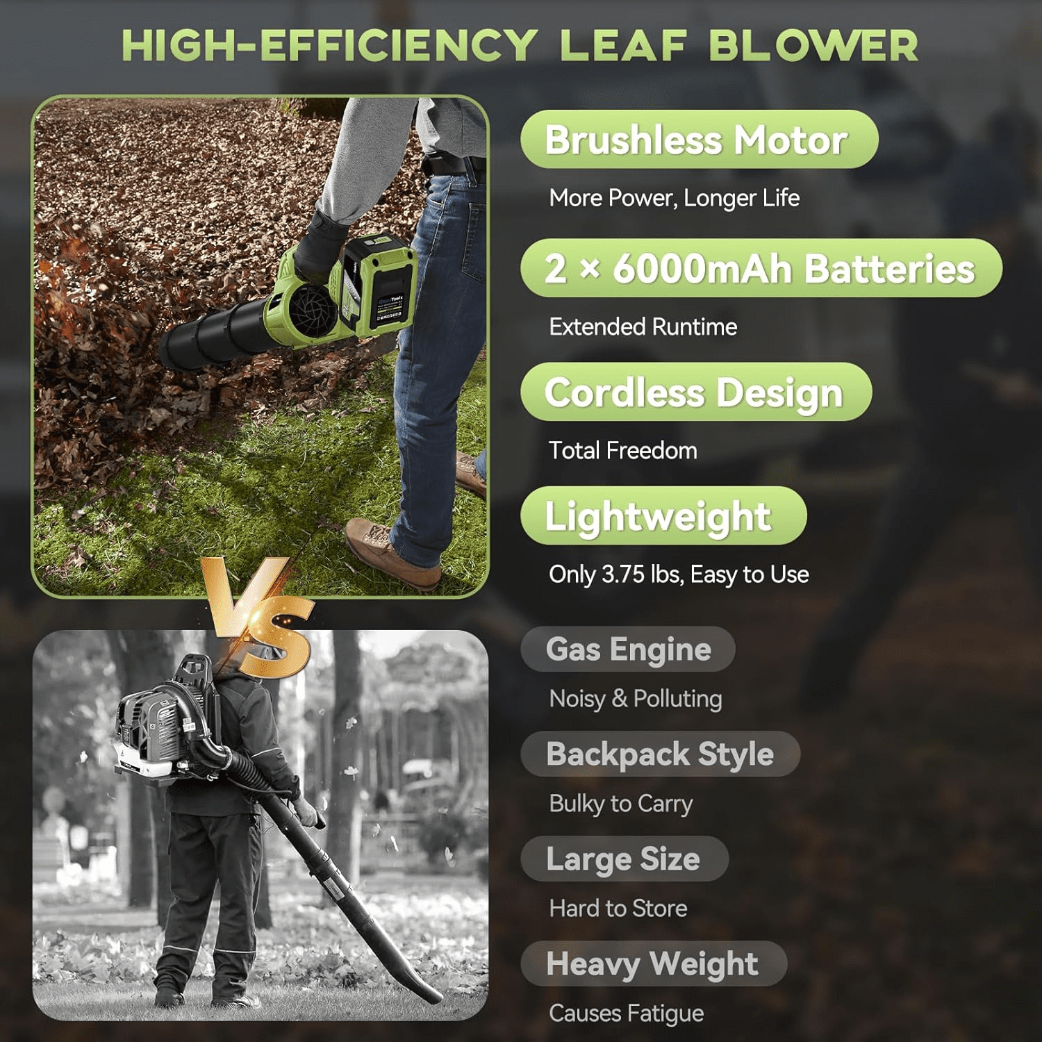 Cordless Leaf Blower - 650 CFM Brushless Electric Leaf Blower with 2 x 6.0Ah Batteries & Fast Charger, 2 Speed Modes, Battery Powered Leaf Blowers for Lawn Care, Patio, Dust, Snow Care (Light Green)