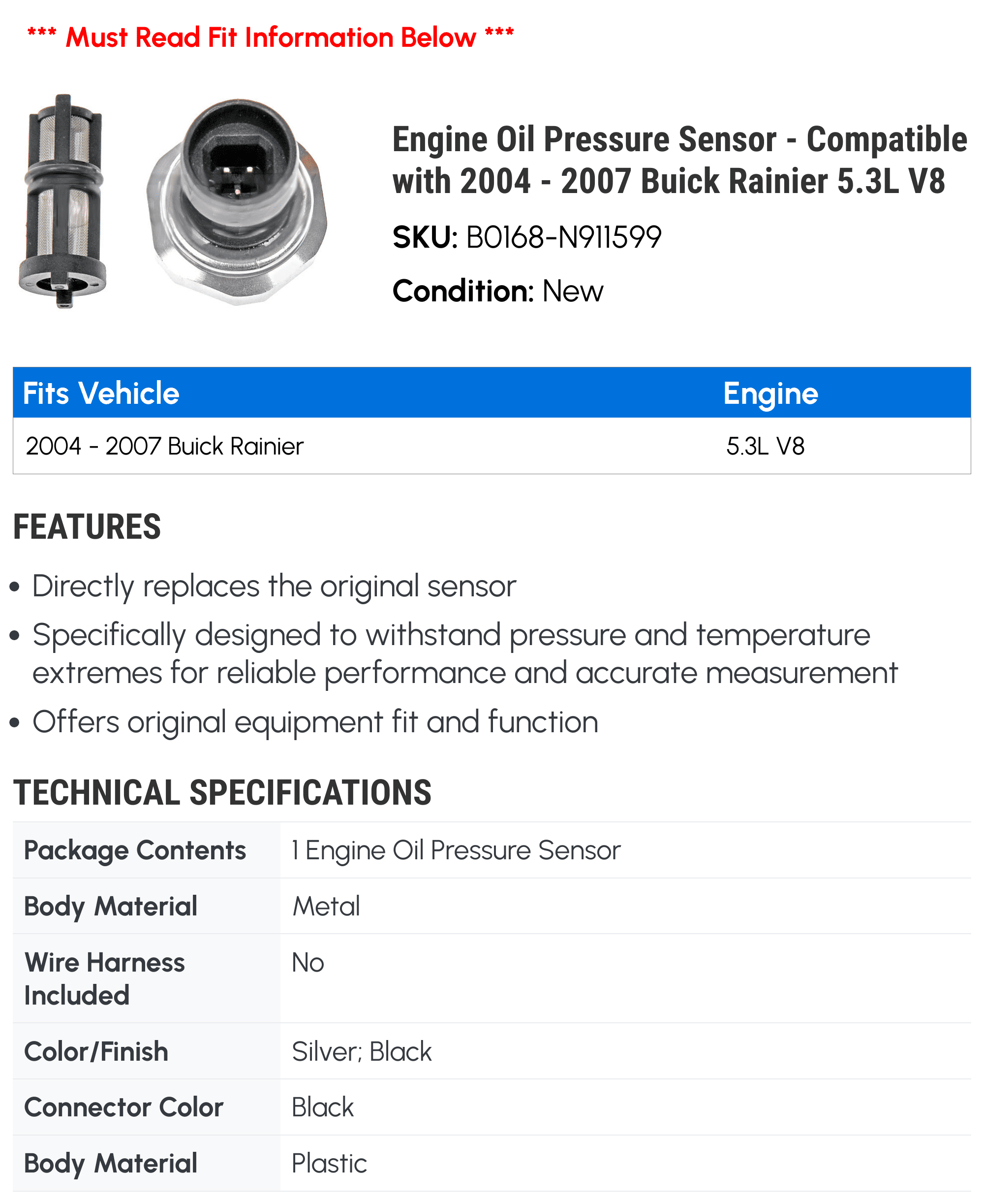 Engine Oil Pressure Sensor - Compatible with 2004 - 2007 Buick Rainier 5.3L V8 2005 2006