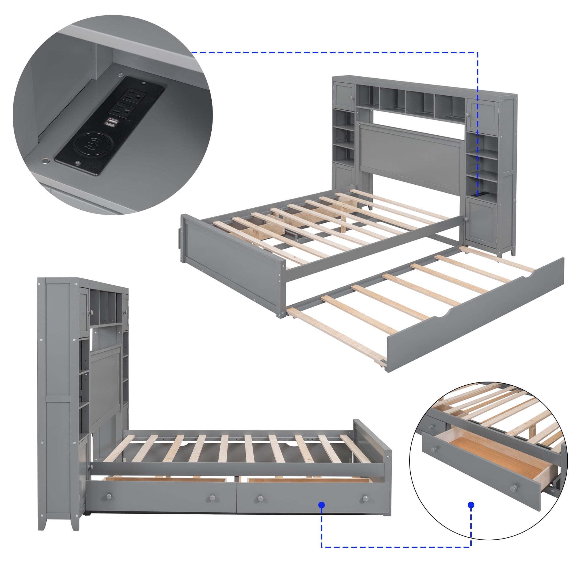 Aukfa Queen Size Bed Frame with All-in-One Cabinet and Shelves, Wooden Functional Bed with Trundle and Storage Drawers, USB Ports Outlets, Gray
