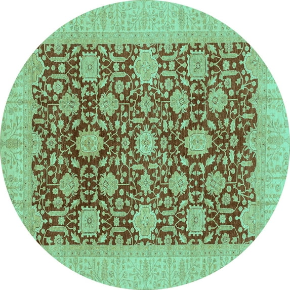 Ahgly Company Machine Washable Indoor Round Oriental Turquoise Blue Traditional Area Rugs, 4' Round