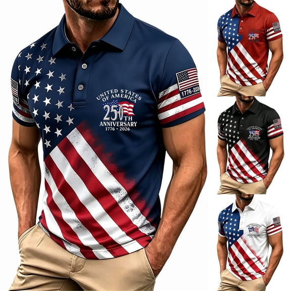 XinghaiYIDE Mens Polo Shirt Gradient US Star Stripe Flag Print Short Sleeve Patriotic Holiday Collared Top S-5XL