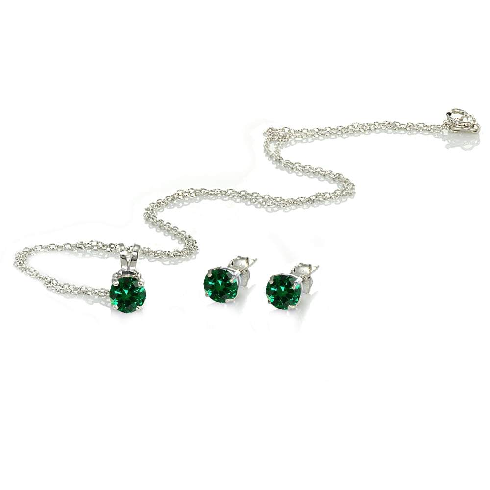 Sterling Silver Simulated Emerald 5mm Round Pendant Necklace & Stud Earrings Set