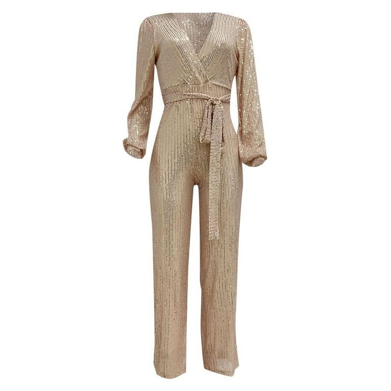 オールインワン・サロペット Sequinned Wide-Leg Jumpsuit Riforla Casual Jumpsuit Long Sleeve Belted Sequin Jumpsuit