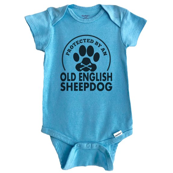 Protected By An Old English Sheepdog Funny Baby Bodysuit (Blue)