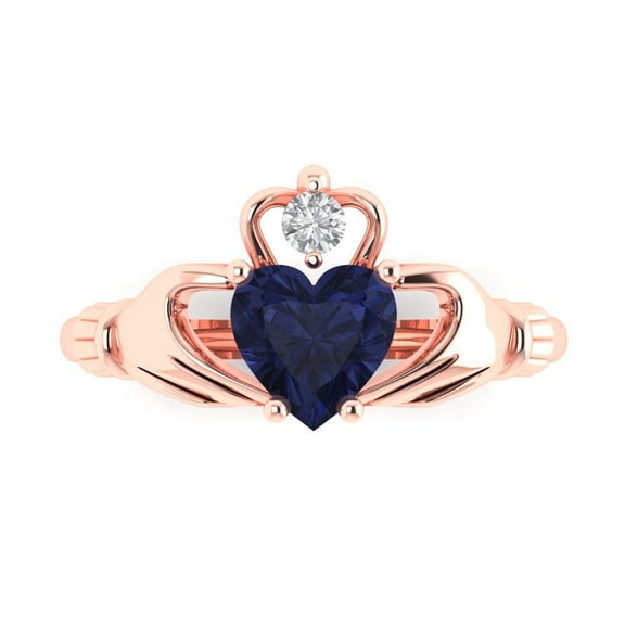 Clara Pucci 14K Rose Gold 1.06ct BlueSapphire Claddagh Ring for Women