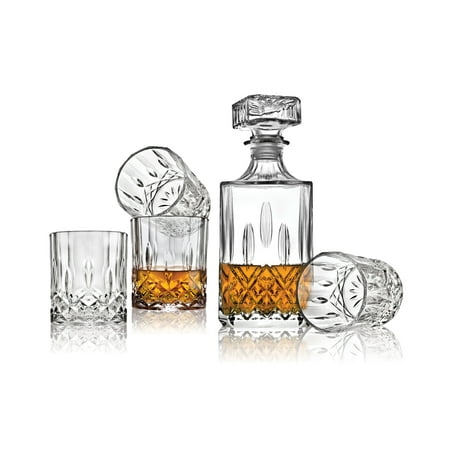 Porto Decanter Set Le Regalo 5 Piece Whiskey Decanter Set - 1 Decanter with stopper and 4 Whiskey Glasses, 1000ml Capacity Whiskey Decanter, Stylish Cut and Design Whiskey Glasses ()