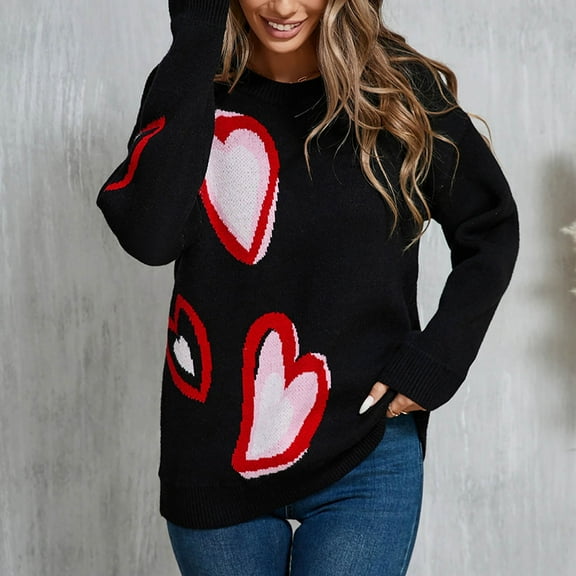 Somuwie Autumn and winter women's heart print round neck long sleeve pullover knitted fashion sweater round neck sweater