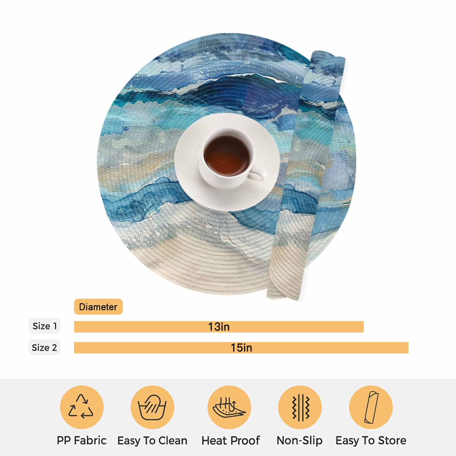 Round Woven Placemats set of 4, Blue Coastal Beach Washable&Heat Resistant Plastic Wipeable Placemats for Round Table Abstract Watercolor Oceans Waves Kitchen Dining Table Decor, 13in,