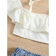 thumbnail image 5 of Kids Girls Summer Clothes Boat Neck Tie-Up Halter Neck Ruffles Tank Tops Flower Print Denim Shorts 2Pcs Suit, 5 of 8