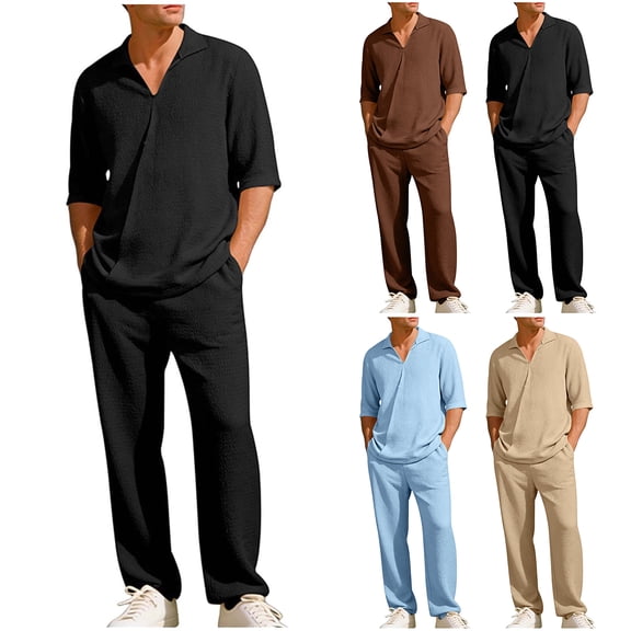 Havenre Men's 2 Piece Textured Sets Lightweight Casual Elbow-Length Sleeve Lapel Collar V Neck Shirts and Elastic Waist Beach Pants with Pockets Summer Vacation Outfits Coffee M