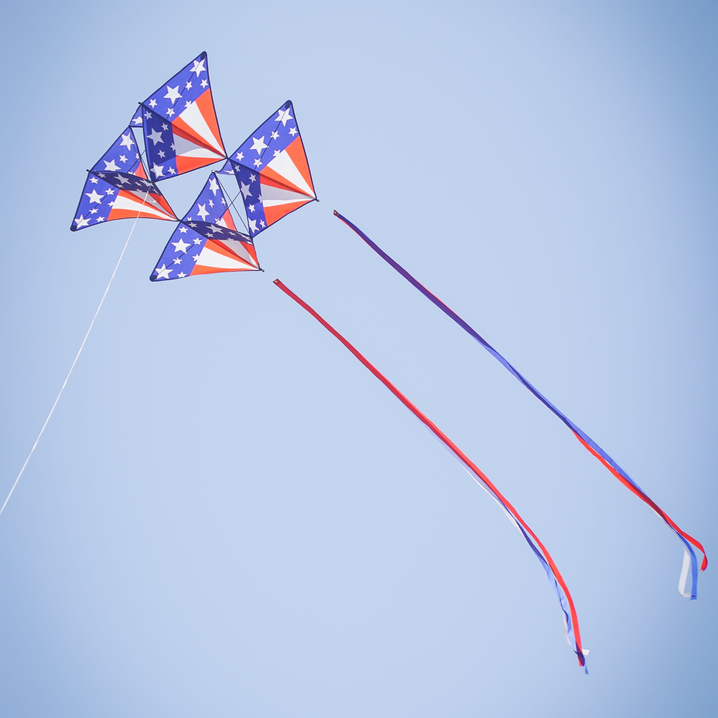 In the Breeze 3372 — Stars & Stripes Tri-Kite — Large Patriotic Cellular Single-Line Kite with Color-Coordinated Streamer Tails; Kite Line Included