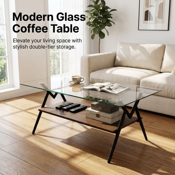 Modern Rectangular Glass Coffee Table with Tempered Glass Top, Brown Wood Storage Shelf and Black Metal Legs for Living Room, Clear