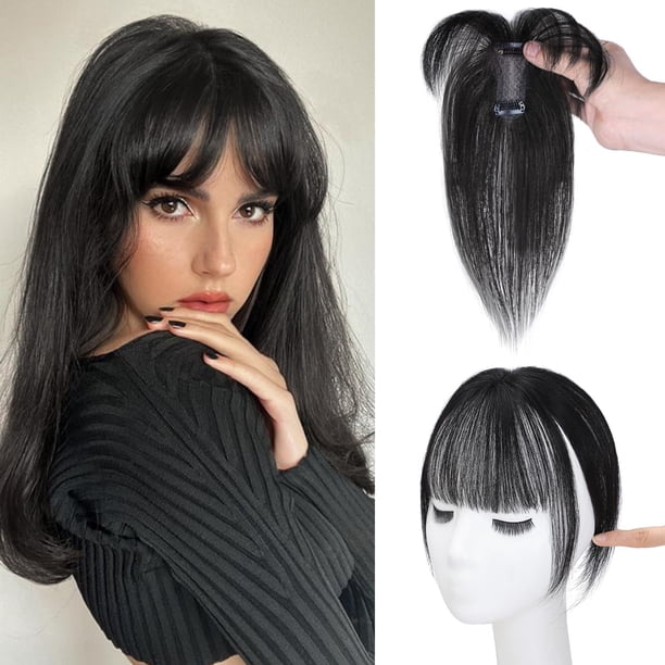 Zhuge Flequillo con clip para mujer, flequillo con clip para mujer, 100 % cabello humano, flequillo fino,postizos para mujer, flequillo curvo para uso diario en fiestas, negro natural B