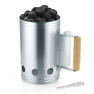 Walchoice Charcoal Chimney, Portable BBQ Chimney Starter for Outdoor Camping Grilling, Quick Rapid Fire Briquette Starter, Heat Shield & Wooden Handle, Screwdriver