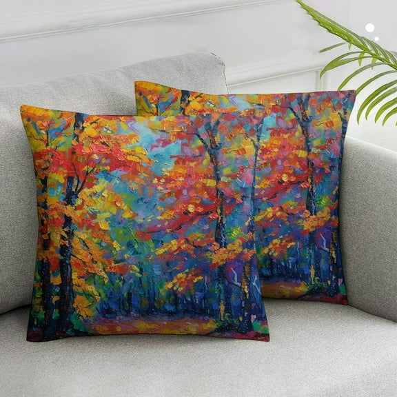 JRXY Nature Throw Pillow Cushion Cover, Colorful Trees and Falling Autumn Leaves Seasonal Art Picture, Decorative Square Accent Pillow Case, Vermilion Navy Blue 2pcs 12x12in