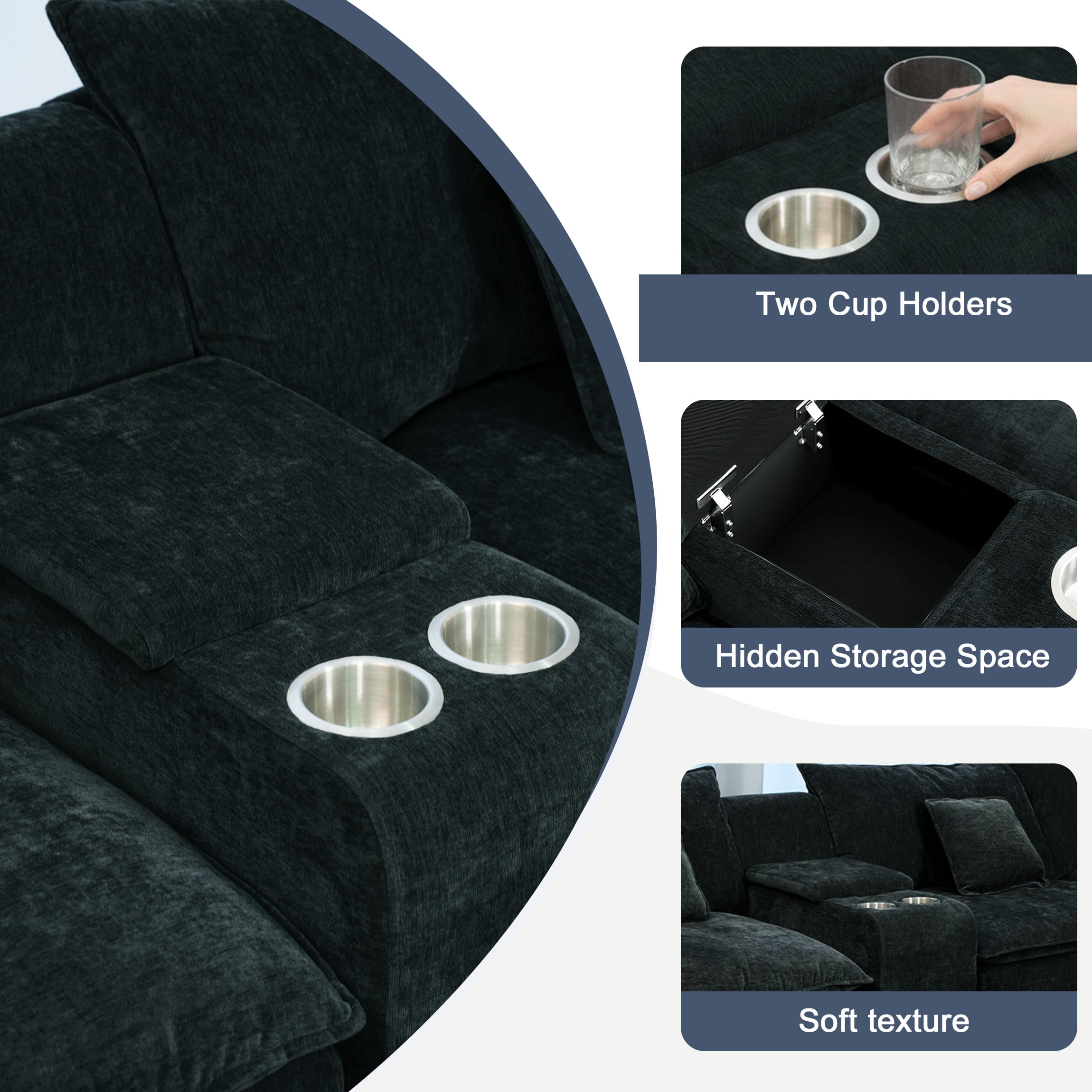 144" Cloud Couch, Black-Gray Modular Sectional Sofa, Chenille 6 Seat U Shaped Couch with Storage Box, Cup Holders and Movable Ottoman