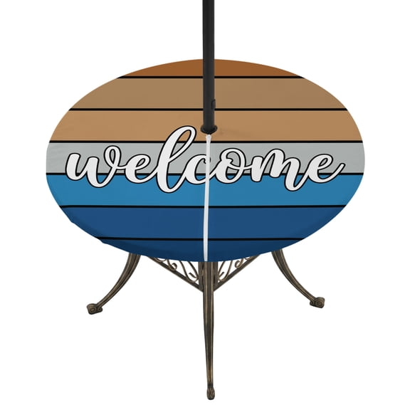 Round Outdoor Tablecloth with Umbrella Hole and Zipper, Blue Brown Wooden Grain Tablecloth with Elastic Waterproof, Farmhouse Gradient Wood Stripes Patio Table Covers for 36" - 44" Pool Tables