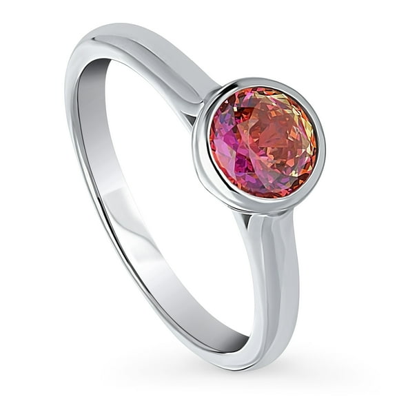 BERRICLE Sterling Silver Solitaire Red Orange Bezel Set Round Cut Cubic Zirconia CZ Kaleidoscope Fashion Ring for Women, Rhodium Plated 0.8 Carat Size 6