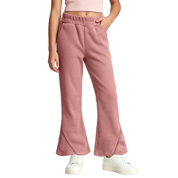 Mifsaly Girls Waffle Knit Wide Leg Pants High Waisted Flare Sweatpants with Pockets Solid Color Outdoor Play Lounge Clothes