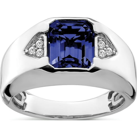 14K White Gold Emerald-Cut Created Sapphire And Diamond Mens Ringsize 10 (Width 3.7 To 11.3) - Jbsp
