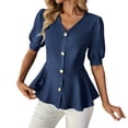 thumbnail image 3 of Ashirexll Tops for Women Trendy Fashion Casual Solid Color V-Neck Buttoned Short Sleeve Top for Spring, 3 of 7