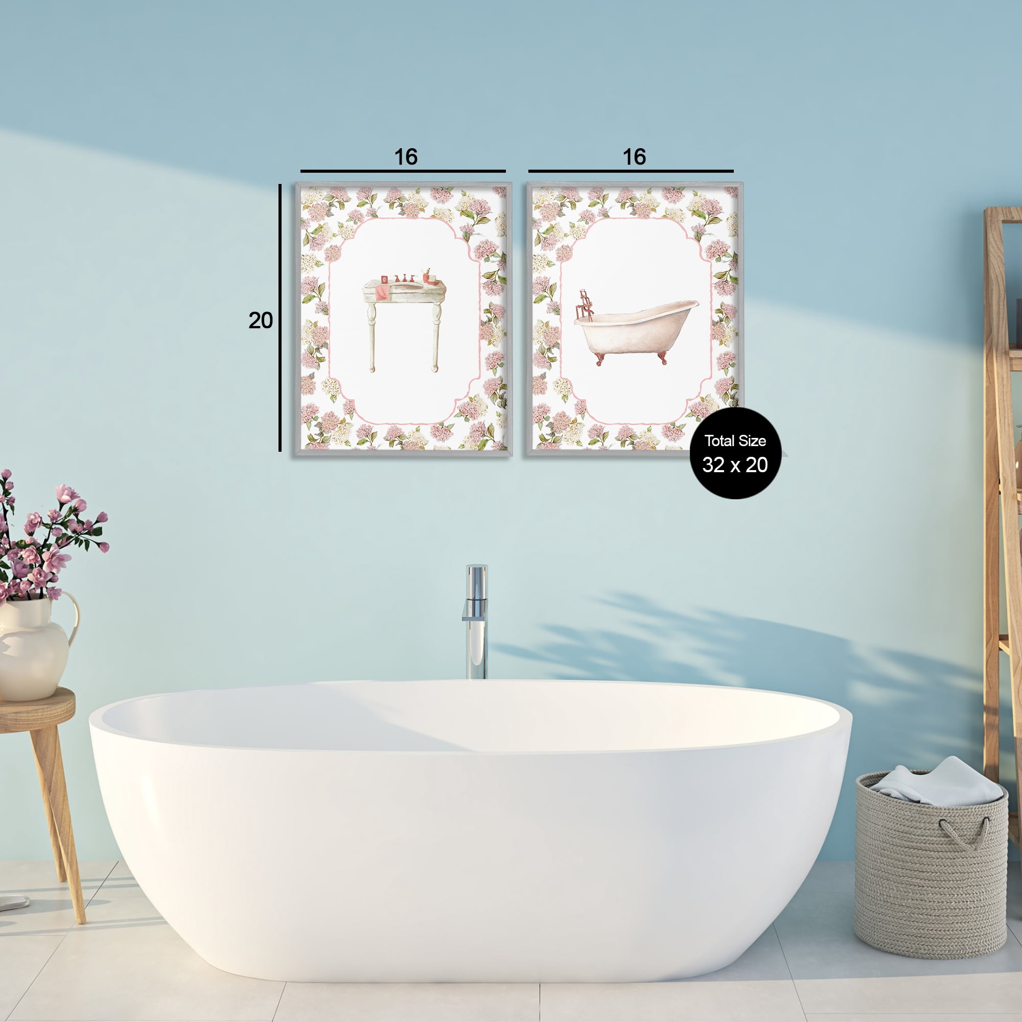 Stupell Industries Elegant Hydrangeas Bathroom 2 Piece Gray Framed Giclee Art Set, design by Carol Robinson