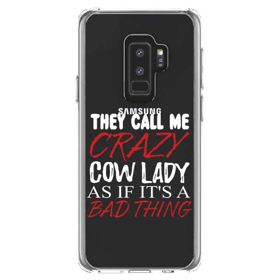DistinctInk Clear Shockproof Hybrid Case for Samsung Galaxy S9  PLUS (6.2" Screen) - TPU Bumper Acrylic Back Tempered Glass Screen Protector - Crazy Cow Lady As If It's a Bad Thing