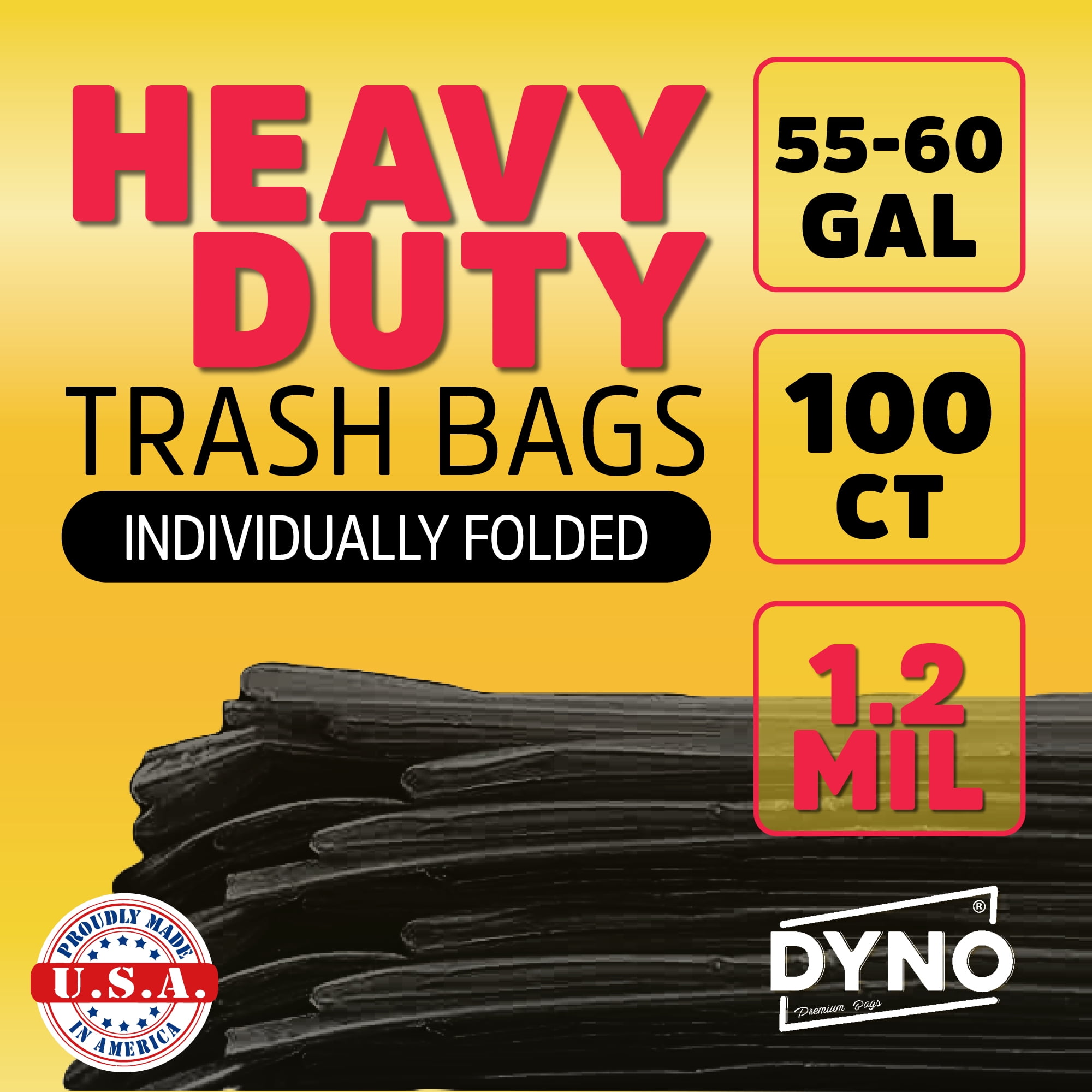 Dyno Products Online 60-Gallon, 1.2 Mil Thick Heavy-Duty Black Trash Bags -  50 Count Extra Large Plastic Garbage Liners Fit Huge Cans for Home Garden