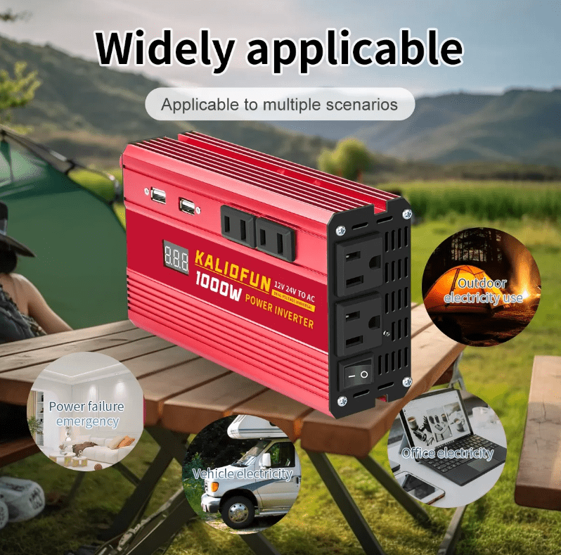 Power Inverter 1000W - 12V/24V Universal Voltage, 110V Output , with LED Display, Red Aluminum Alloy Case