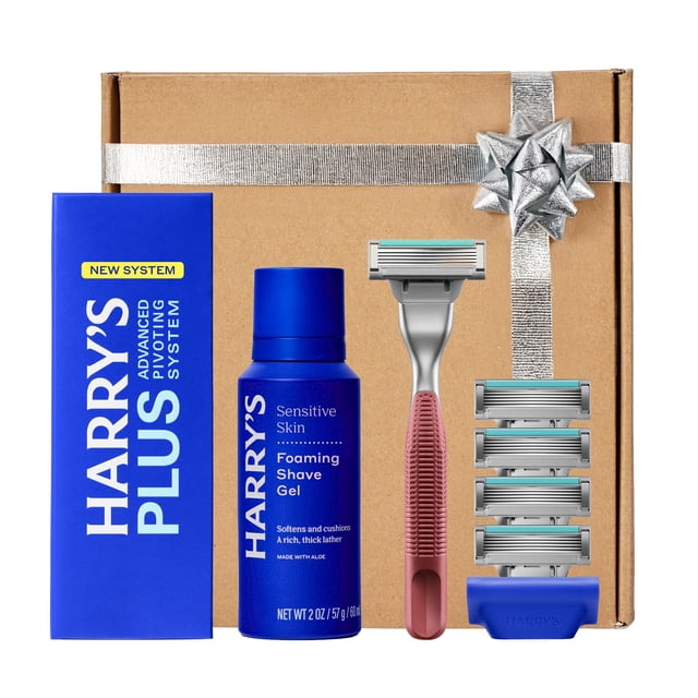 HARRY'S PLUS: Kit de afeitado para hombre - Caja de regalo con mango premium, 5 cartuchos de hojas de afeitar, gel de afeitar espumoso de 56 ml y funda de viaje, sistema pivotante avanzado - Arcilla