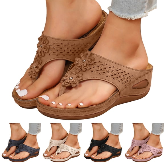 Pandaie Orthopedic Sandals for Women 2026 Summer Slip On Beach Flip Flops Dressy Arch Support Wedge Sandal Wide Width Flower Casual Slippers Beige Size 6.5