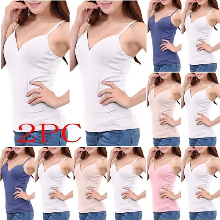 Aboser 2 Pack Built in Padded Bra Tank Tops for Women Adjustable Spaghetti Strap Camisoles Slim Fitted V Neck Basic Tank Top Cozy Sleeveless Cami Tees