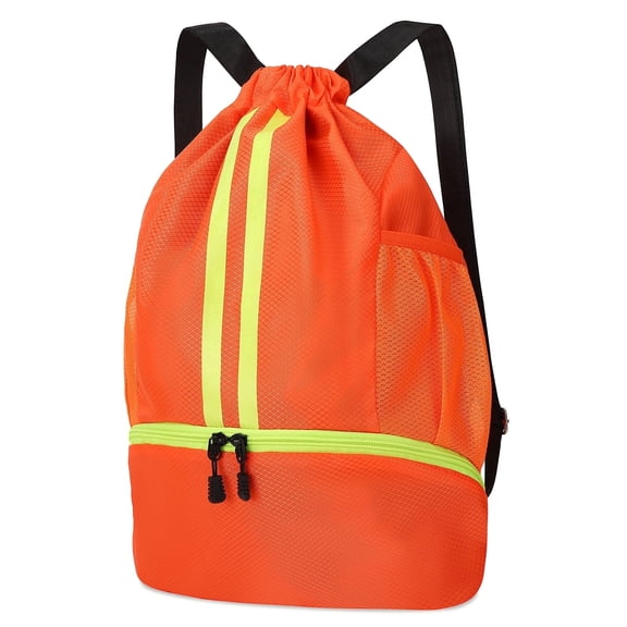 Bocaoying 3-Compartment Sports Drawstring Backpack, Water-Resistant Gym Bag with Wet/Dry Separation, Side Pockets & Zipper Pocket, Lightweight Swim Soccer Basketball Sack