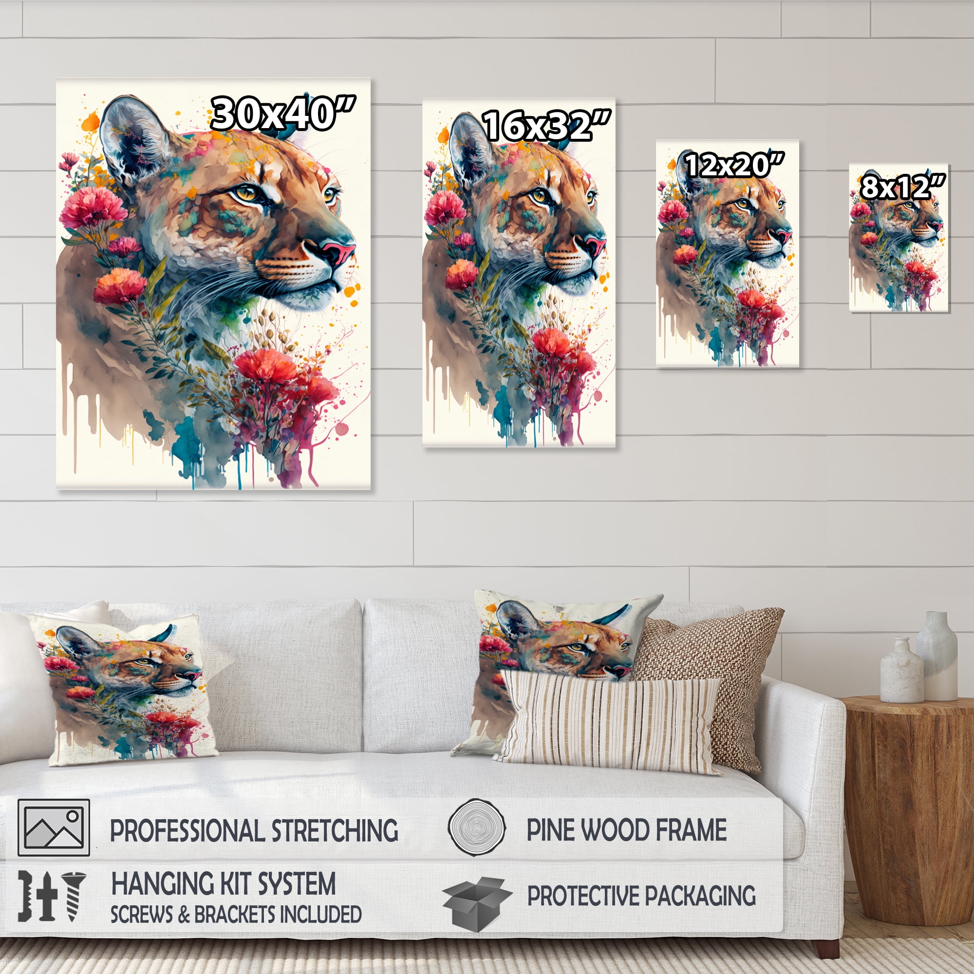 Designart Cute Puma Floral Art I Canvas Wall Art