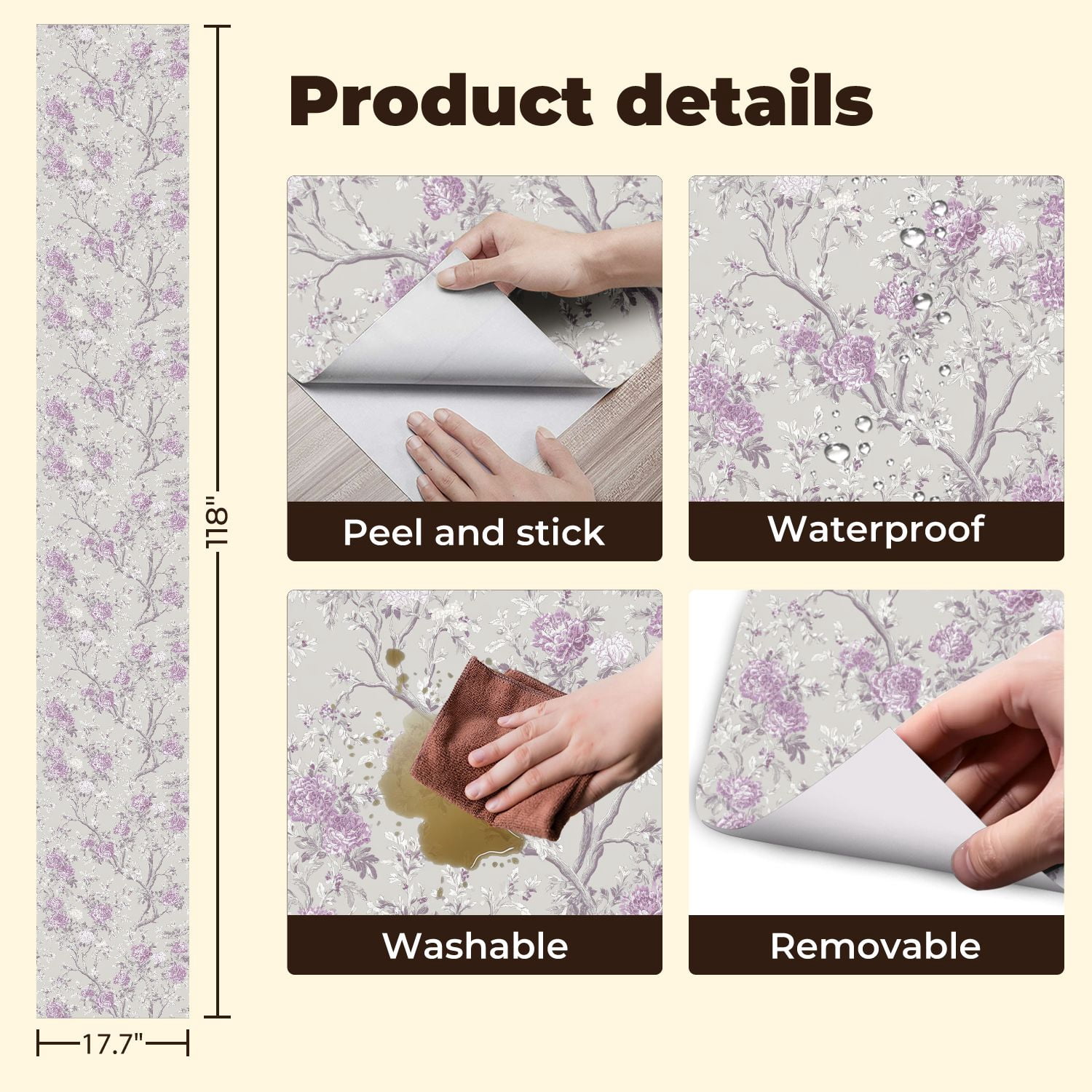 Peel and Stick Wallpaper Vintage Floral Lavender White Peonies Light Gray Wall Mural 17.7in x 9.8ft Self Adhesive Removable Wall Paper Renter Friendly Wallpaper for Girls Women Bedroom Livingroom