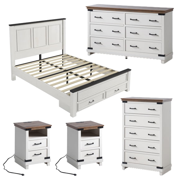 VanAcc 5-Piece Farmhouse Bedroom Furniture Set, Full Bed Frame with 52" Tall Headboard and 2 Drawers, Nightstand Set of 2 with Charging Station, White