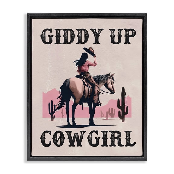 Stupell Industries Giddy Up Brunette Cowgirl People Painting Black Floater Framed Canvas Art Print Wall Art, 17 x 21