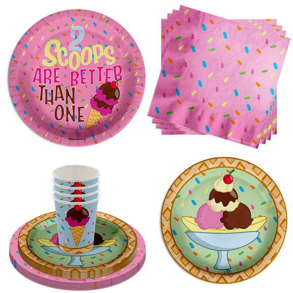 Girls 2nd Birthday Party Supplies - 2 Scoops Ice Cream Birthday Paper Plates - 64 Piece Tableware Set Includes Large 9" Paper Plates Dessert Plates, Cups and Napkins Kit for 16