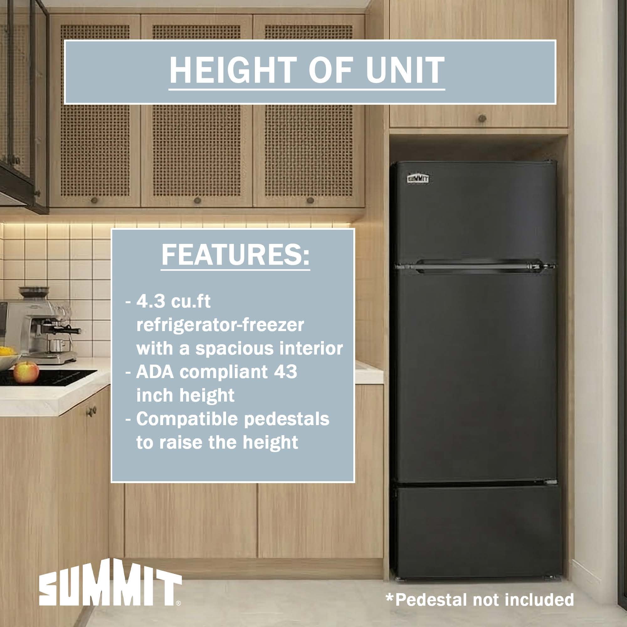 Summit 19 Inch Refrigerator, 4.3 cu.ft. Capacity, Freezer, Undercounter, ADA Compliant, 43” Height, Black - FF713B