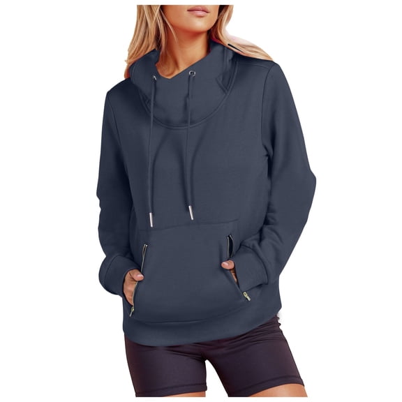 Sweatshirts for Women Y2k Fall Winter Loose Fit Hooded Long Sleeve Bell Cold Shoulder with Pocket Solid Color Leisure Cotton Tops Hoodies(Navy,XL)