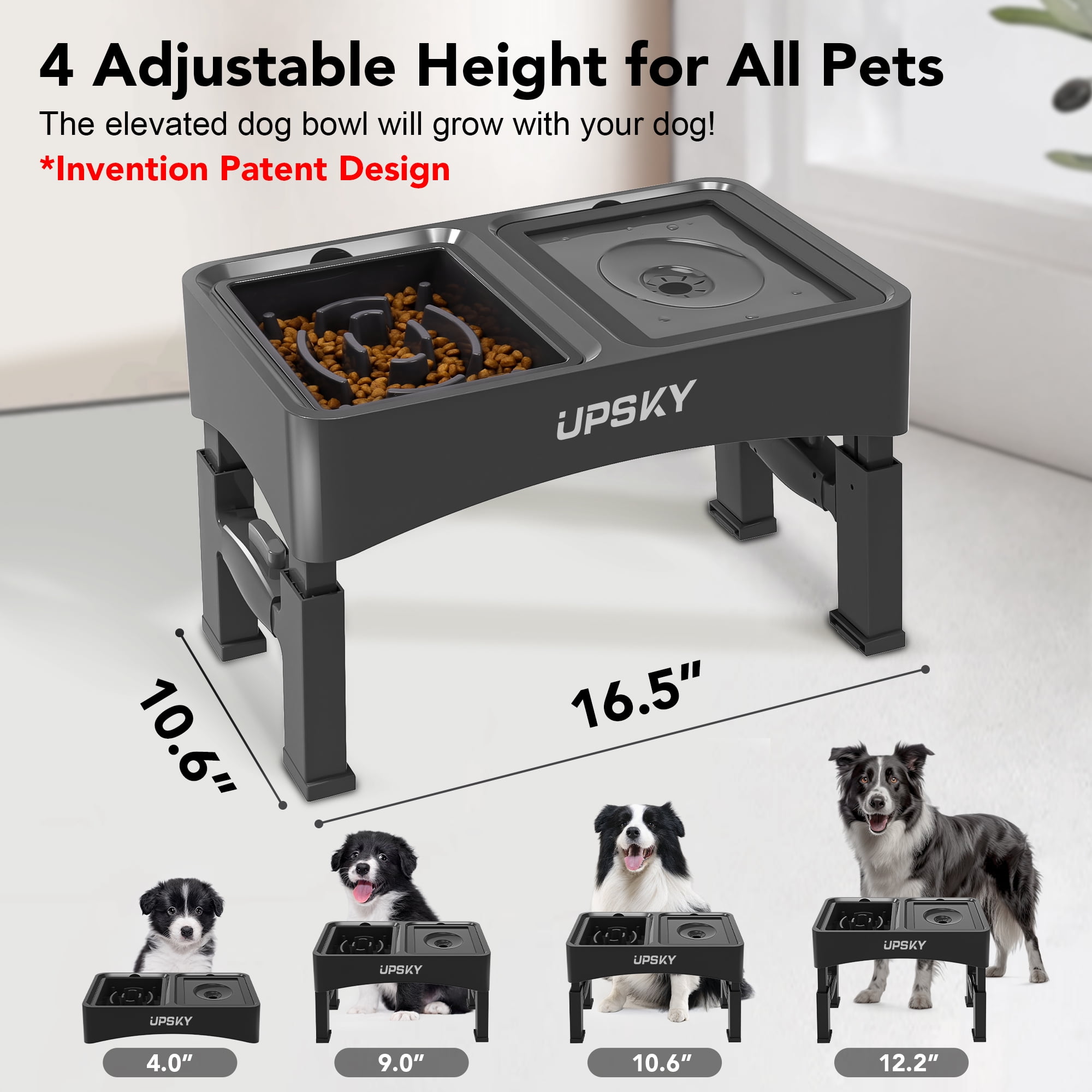 UPSKY 2-in-1 Elevated Dog Bowls Slow Feeder, 4 Height Adjustable Raised Dog Bowl Stand No Spill Dog Water Bowl Dispenser, Anti-Slip Dog Food and Water Bowl for Small Medium Dogs.