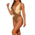 thumbnail image 4 of INSPIRAR CHIC Traje de baño de una pieza para mujer, color contrastante, cuello en V profundo, espalda cruzada, bañador, monokini, tamaño XL, café y beige, 4 of 5