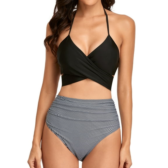 SWSMCLT Women's High Waisted Bikini Set Halter Cross Criss Wrap Tie Back Swimsuit Push Up Tummy Control Swimwear Floral Print Ruched 2 Piece Bathing Suit Black 8-10