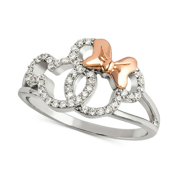 Two Tone Metal Ring, Mickey and Minnie Charm Diamond Engagement Ring, Cute Diamond Ring For Her, Split Shank Ring, 14K White Gold Plated, 1.5 Ct Simulated Diamond, Birthday Gift Ring