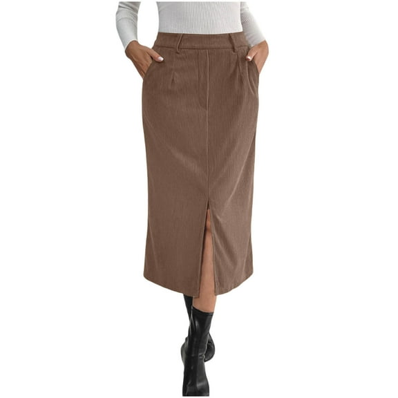 ClodeEU Womens Corduroy Skirt,High Waisted Pencil Midi Skirts,Business Casual Work Skirts Brown,Womens Plus S