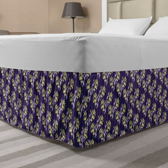 Floral Bed Skirt, Vertical Lines Abstracted Leaves Pattern, Elastic Bedskirt Dust Ruffle Wrap Around for Bedding Decor, 4 Sizes, Purple Purple, by Ambesonne