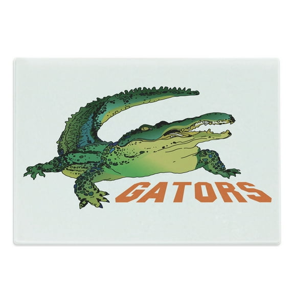 Reptile Cutting Board, Grumpy Alligator Has a Word Gator Crocodile Humor Wild Life Safari Aquatic, Decorative Tempered Glass Cutting and Serving Board, Large Size, Green Orange White, by Ambesonne